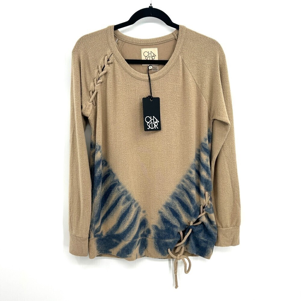 NWT CHASER Tan Blue Tie Dye Lace Up Super Soft Crew Neck Sweater Top Size Medium